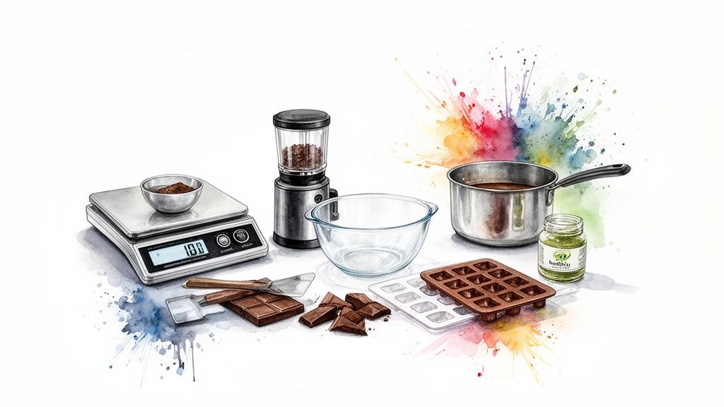 Various ingredients and tools for making chocolates, including a scale, blender, pot, and molds.