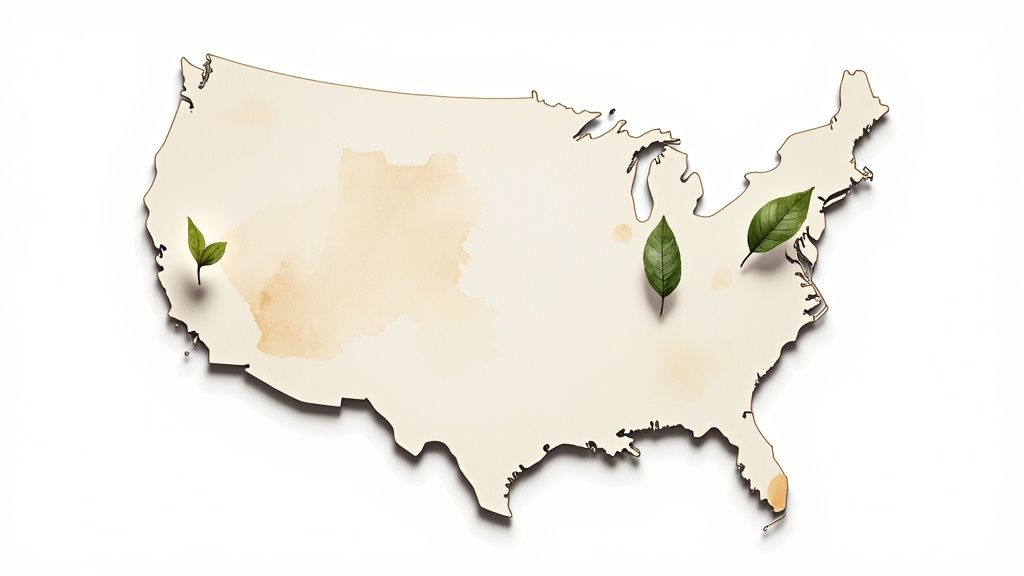 A minimalist map of the contiguous US with three green leaves marking locations.
