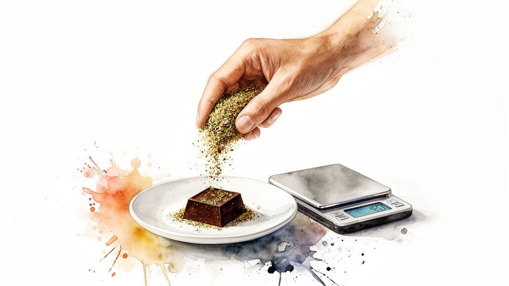 A hand sprinkles green powder onto a chocolate edible next to a digital scale showing 8.2g.