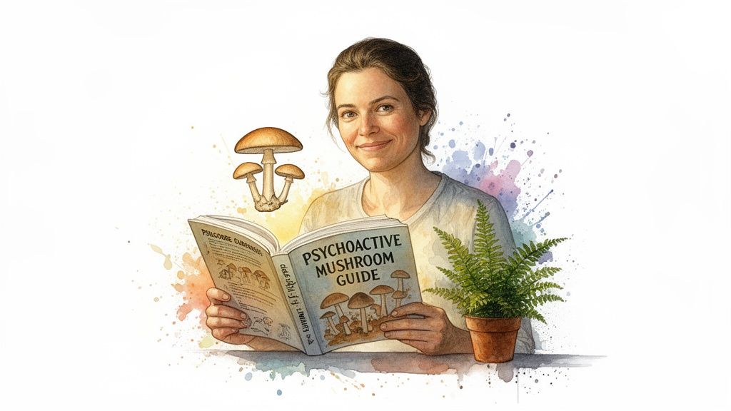 Watercolor illustration of a smiling woman reading a 'Psychoactive Mushroom Guide' with fungi and a fern.