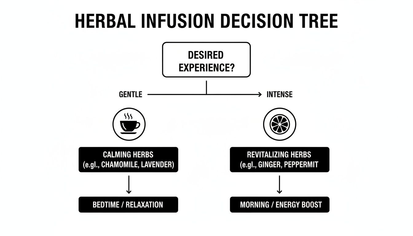 Decision tree for herbal infusions, guiding choices between gentle (calming) and intense (revitalizing) experiences.