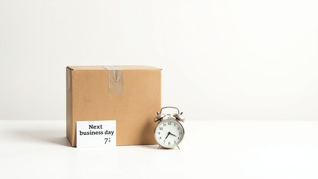 A brown cardboard box with a 'Next business day 7' note next to a silver alarm clock.