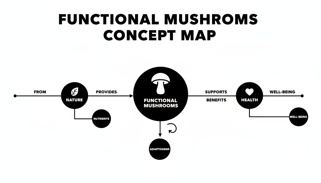 A concept map illustrating functional mushrooms, their natural origin, provision of nutrients and adaptogens, and support for health and well-being.