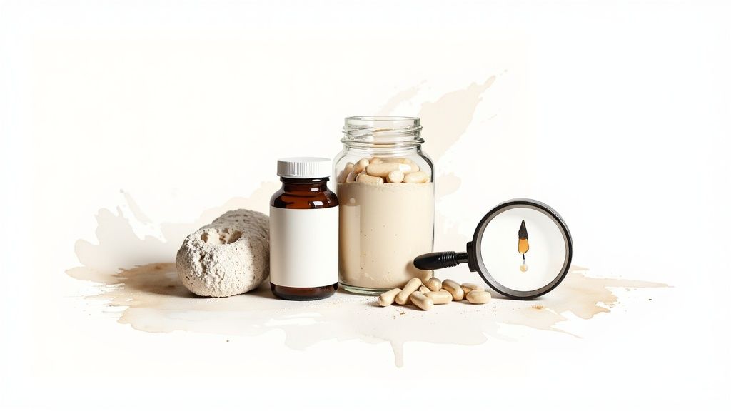 Bottles of mushroom supplements and capsules displayed with a magnifying glass on a white background.