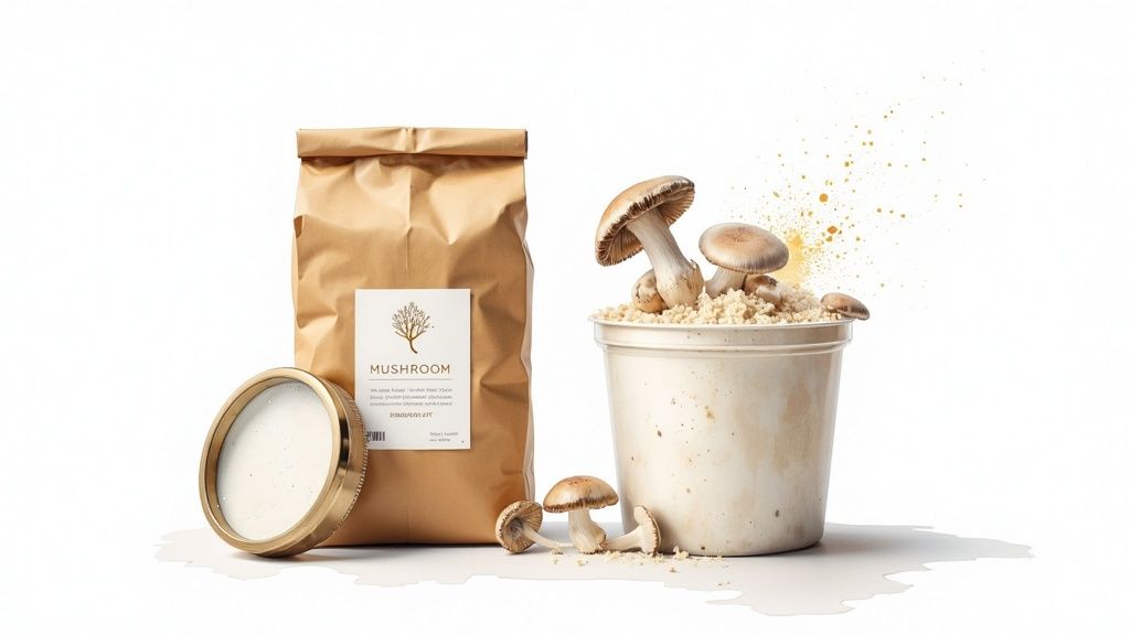 Mushroom growing kit with brown paper bag, container with substrate and fresh mushrooms sprouting