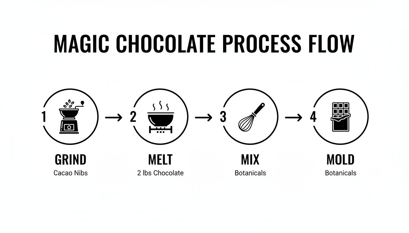 Diagram illustrating the 4-step magic chocolate making process: grind, melt, mix, and mold.