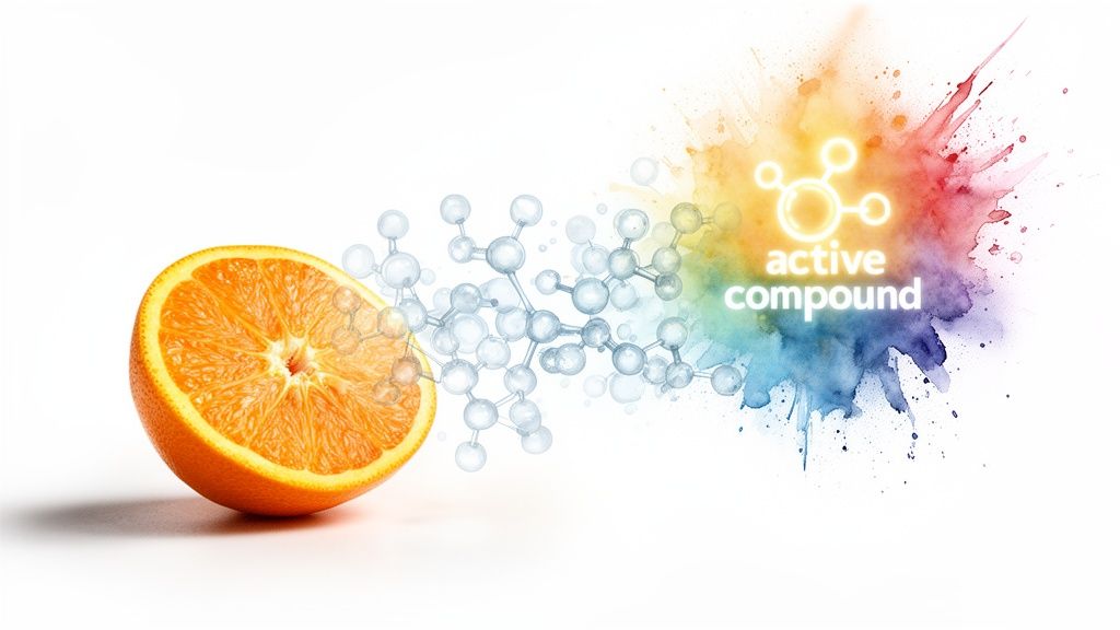 A sliced orange emitting active compounds and molecular structures into a vibrant colorful splash.