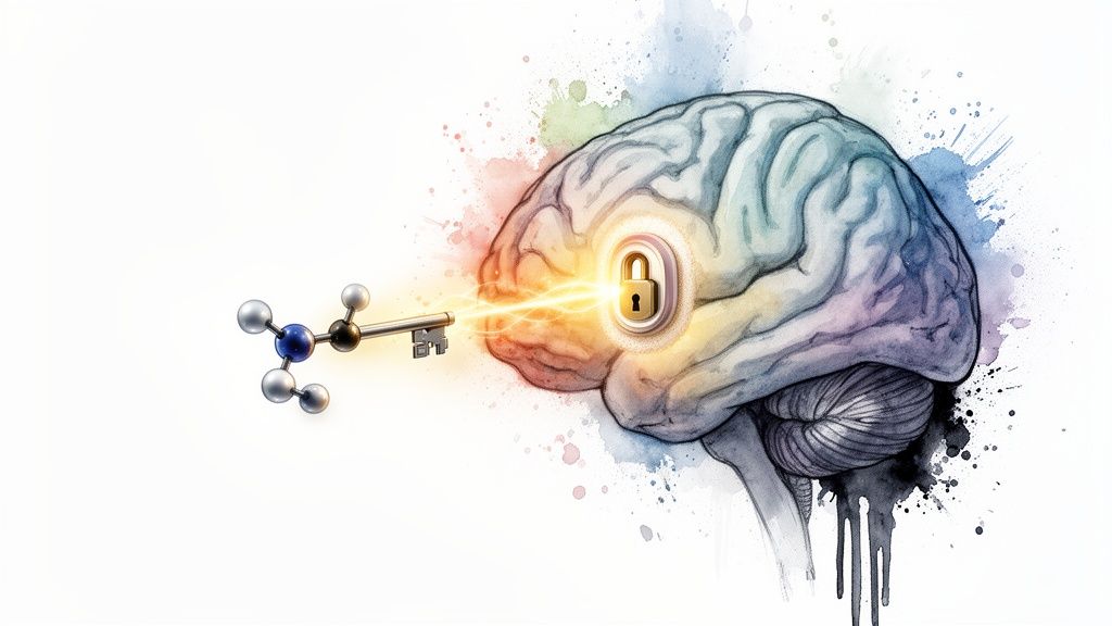 A glowing molecular key unlocks a padlock on a brain, symbolizing access to the mind.