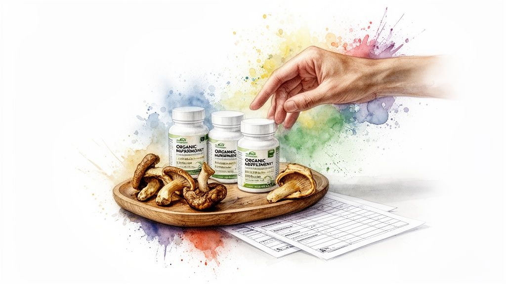 A hand reaches for organic mushroom supplements on a wooden tray with fresh mushrooms and documents.