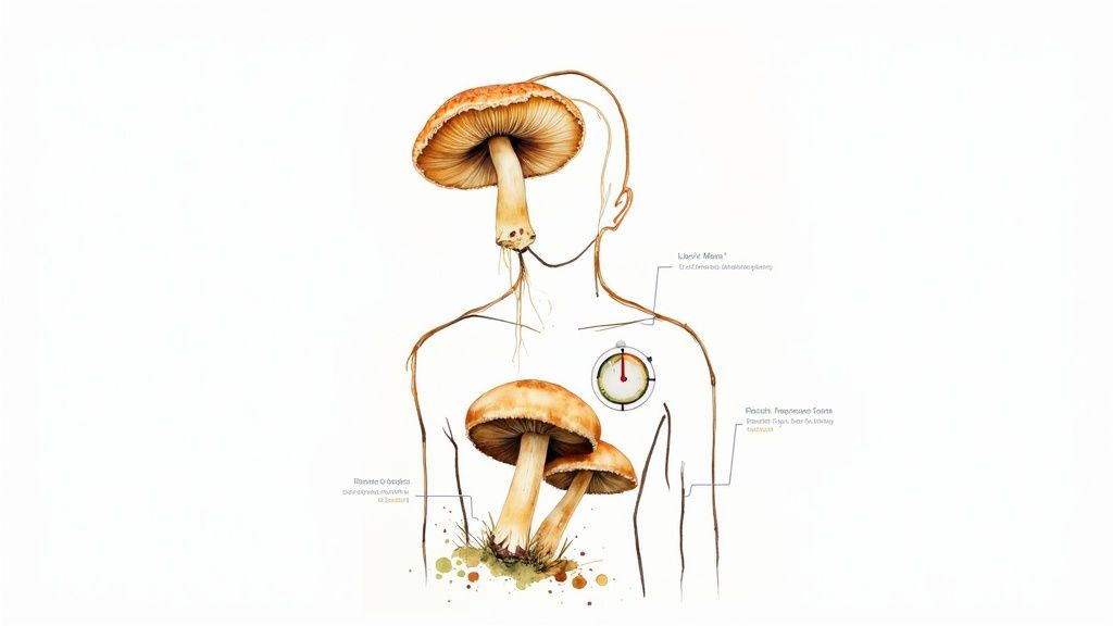 Conceptual illustration of a human outline with mushrooms replacing the head and growing inside the chest.