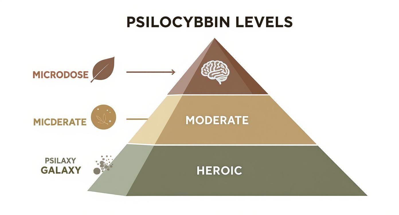 Pyramid chart illustrating psilocybin dosage levels: microdose, moderate, and heroic categories.