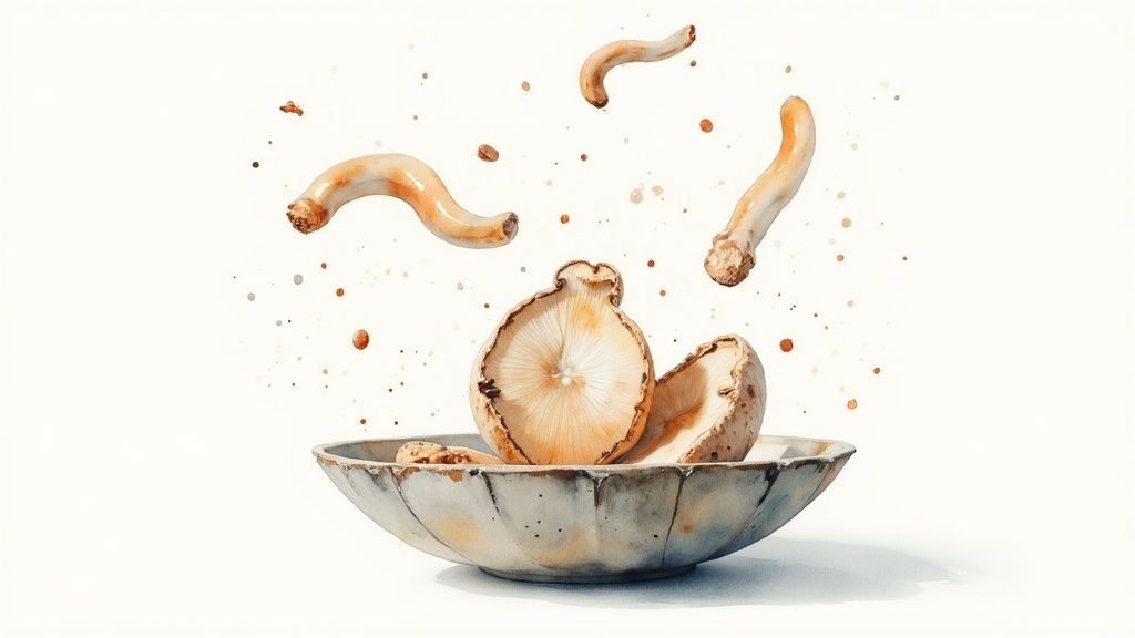 Watercolor painting of mushrooms, some in a bowl and some floating, with brown splatters.