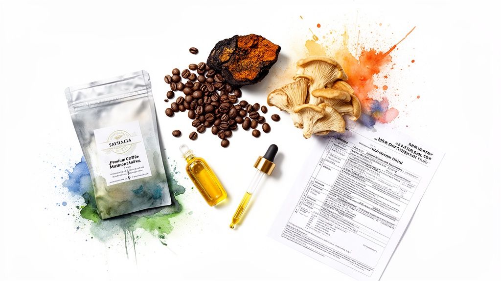 A flat lay showcasing mushroom coffee ingredients: coffee beans, Chaga, oyster mushrooms, oils, and a product packet.