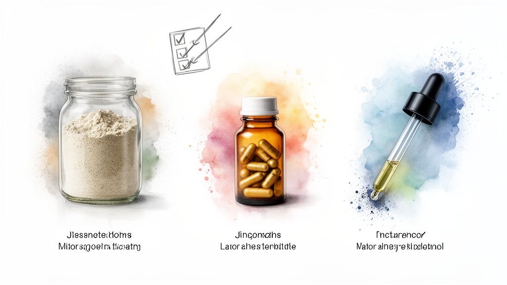 Three health supplements shown: powder in a glass jar, capsules in an amber bottle, and liquid in a dropper bottle, with a checklist.