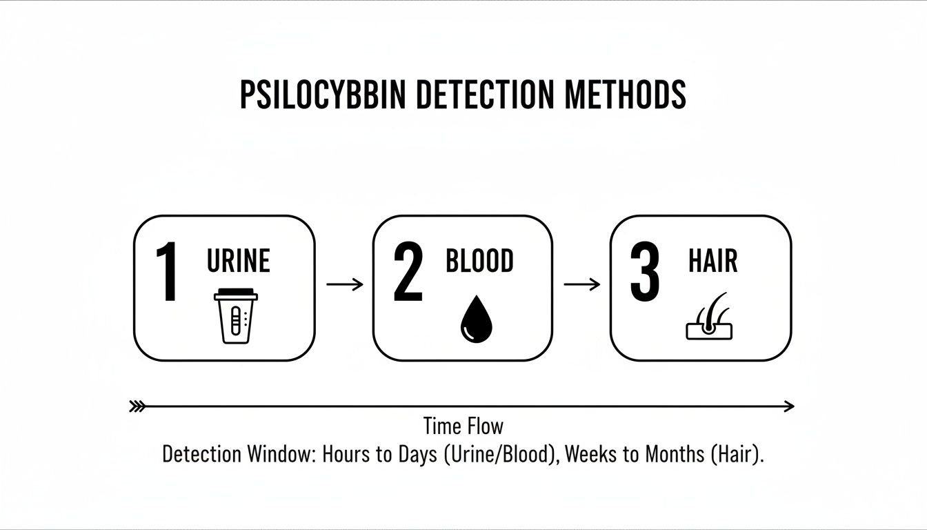 Psilocybin detection methods showing urine, blood, and hair tests with their respective detection windows.