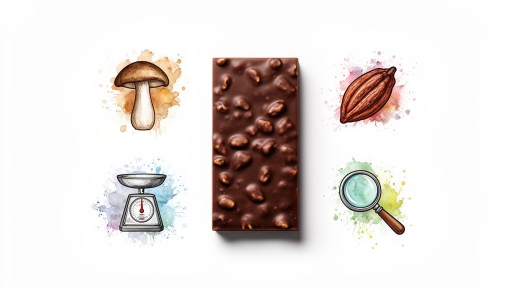 A chocolate bar with nuts, surrounded by watercolor illustrations of a mushroom, cacao pod, scale, and magnifying glass.