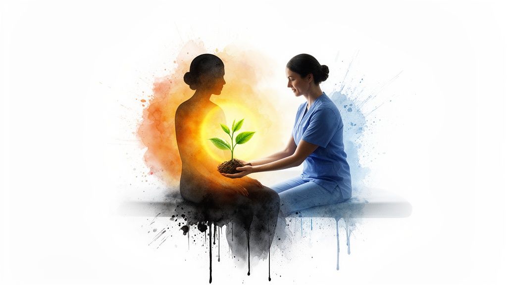 A nurse gives a glowing plant to a patient, representing hope and recovery through care.