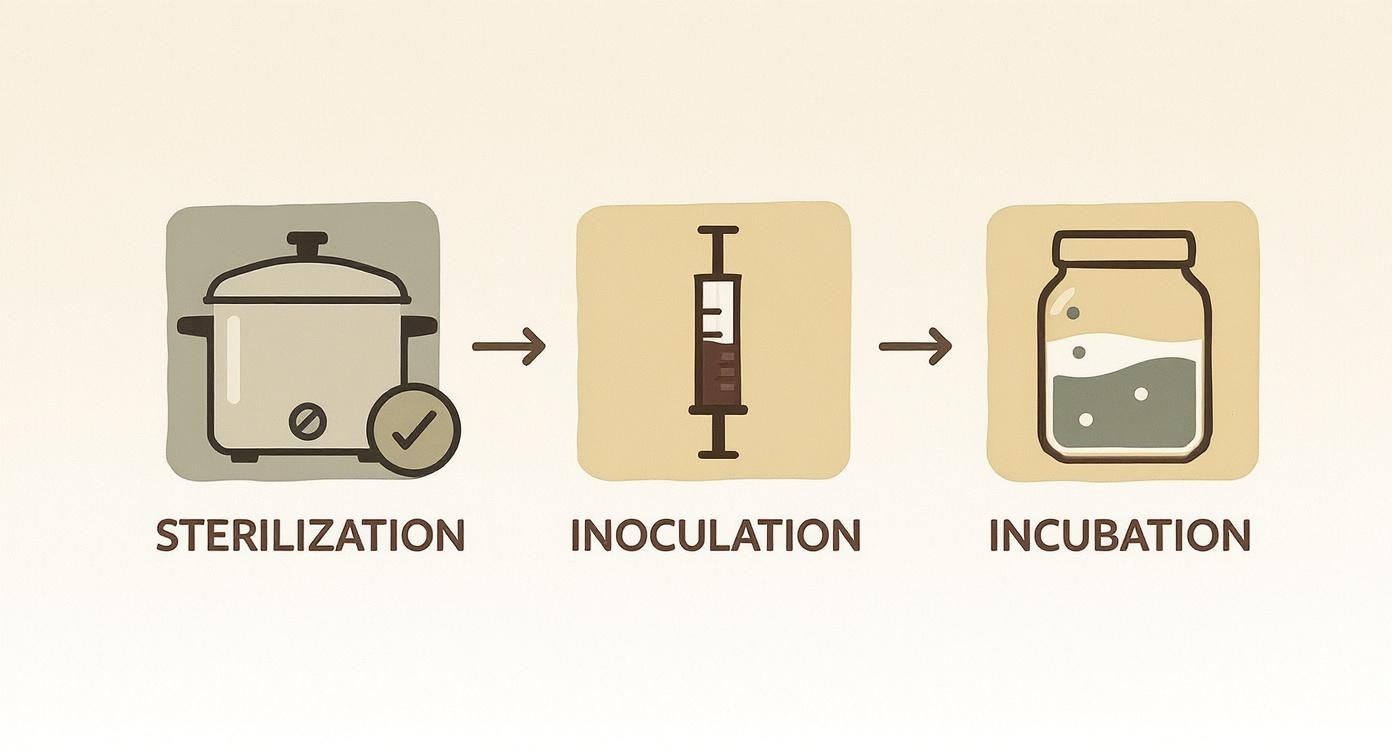 A diagram showing the three steps for growing mushrooms: sterilization, inoculation, and incubation.