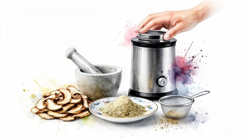 A hand grinds dried mushrooms in a coffee grinder next to a mortar and pestle, mushroom powder, and a sieve.