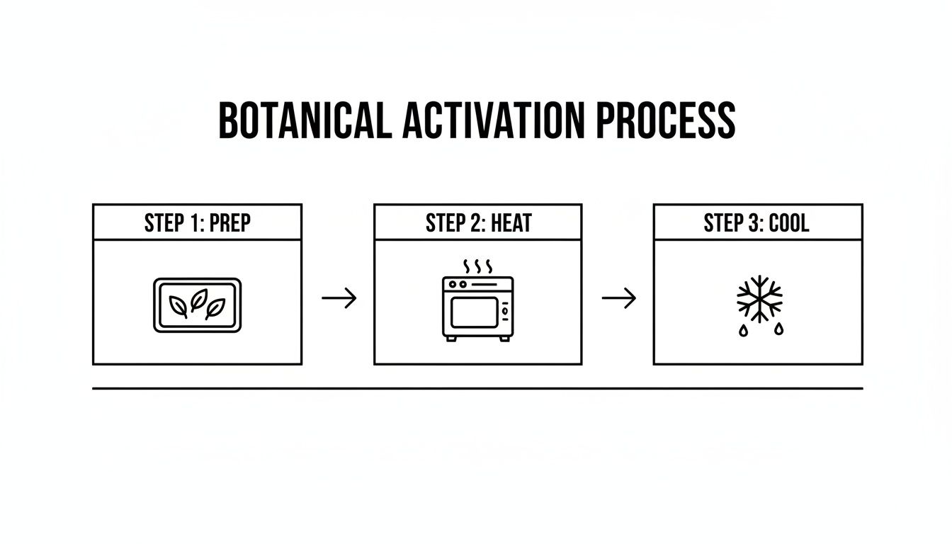 A diagram illustrating the three steps of a botanical activation process: prep, heat (with a microwave icon), and cool (with a snowflake icon).