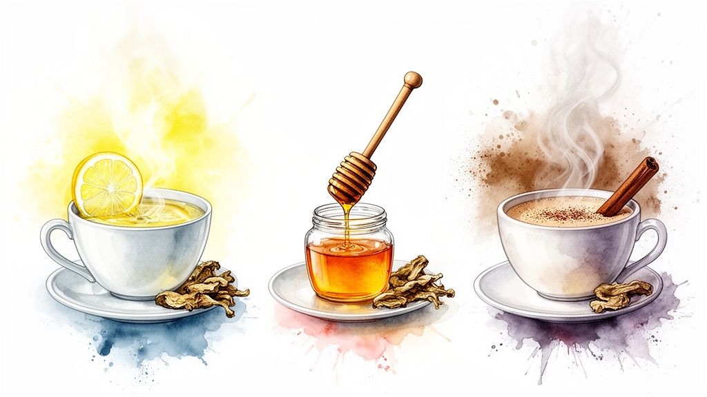 Watercolor illustration of three wellness drinks: lemon ginger tea, honey, and spiced chai.