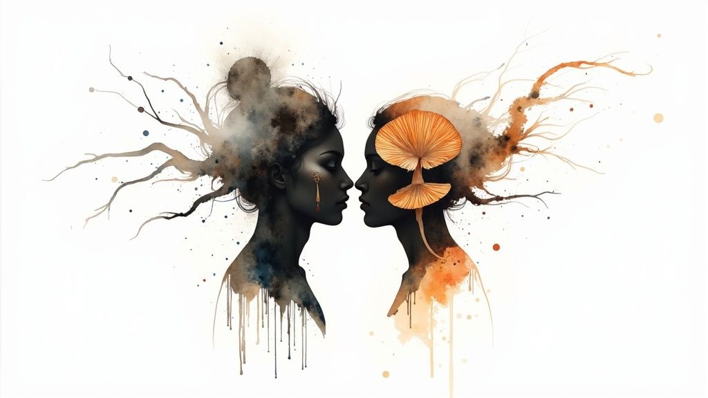 Two watercolor portraits of women facing each other, adorned with organic elements like branches and mushrooms.