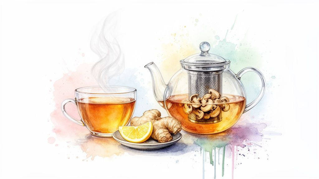 A watercolor illustration of steaming tea, a teapot with mushrooms, ginger roots, and a lemon slice.