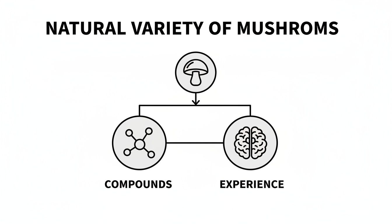 Diagram showing how natural mushroom variety influences distinct compounds and unique user experiences.
