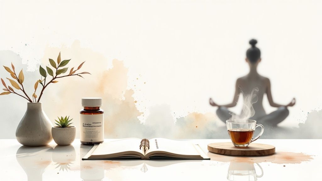 A tranquil scene featuring a vase with foliage, supplements, an open journal, and steaming tea, with a blurred meditating figure.