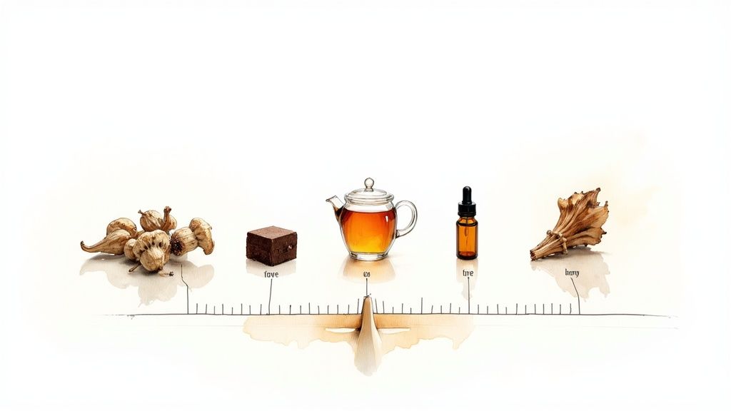 A visual scale illustrating magic mushroom effects with various items like dried fungi, a brownie, and tea.