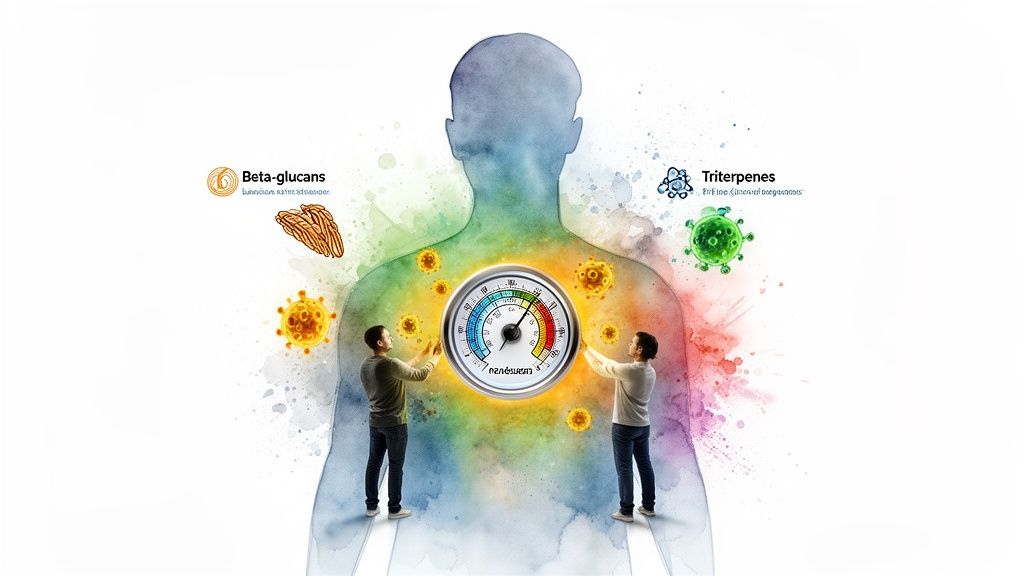Watercolor illustration of a human body with a health gauge, two men, beta-glucans, and triterpenes.