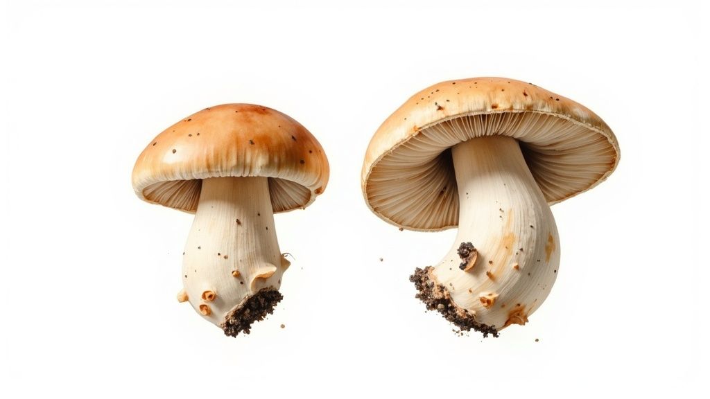 Two fresh, light brown mushrooms with visible gills and soil on their stems on a white background.