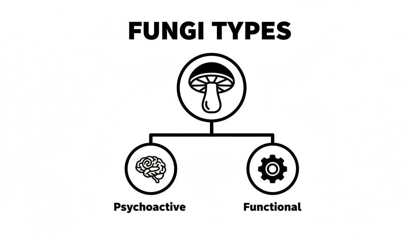 A diagram illustrates fungi types categorized into psychoactive (brain icon) and functional (gear icon).