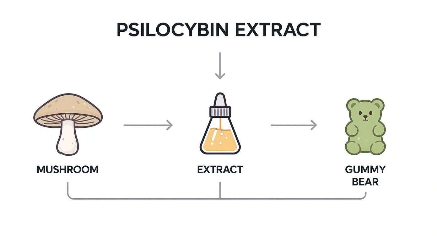 Illustration showing psilocybin extract being made from mushrooms and used to create gummy bears.