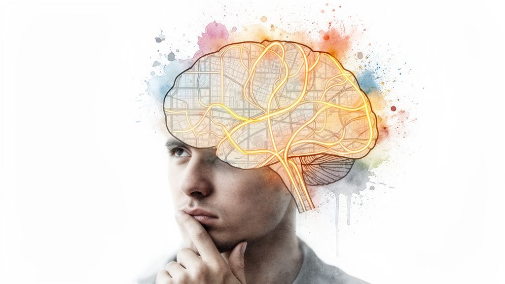 A pensive person with a glowing brain overlay, depicting complex thoughts and connections with a map-like structure.