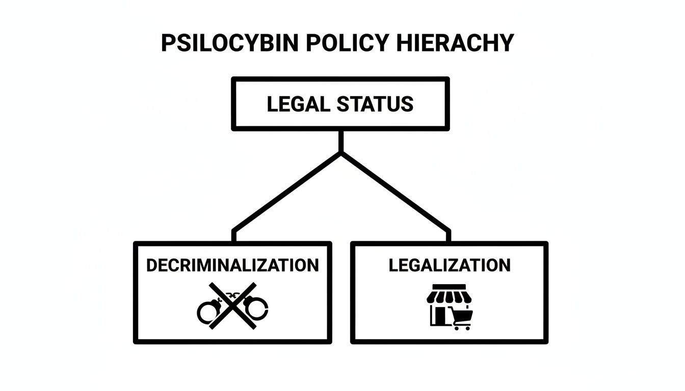 A psilocybin policy hierarchy flowchart showing legal status branching into decriminalization and legalization options.