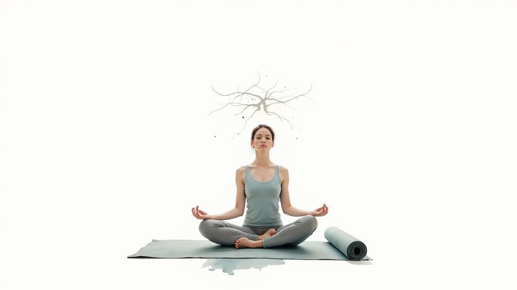 A serene woman meditating in lotus pose on a yoga mat with abstract natural roots above her.