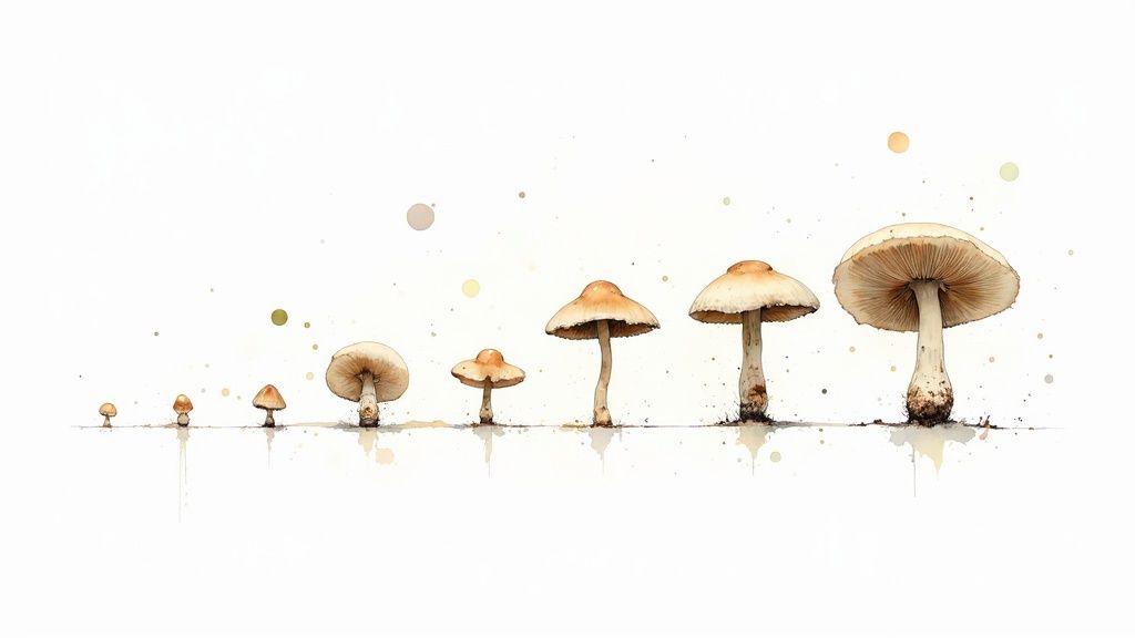 Watercolor illustration showing mushroom growth stages from tiny spores to mature fungi with gills