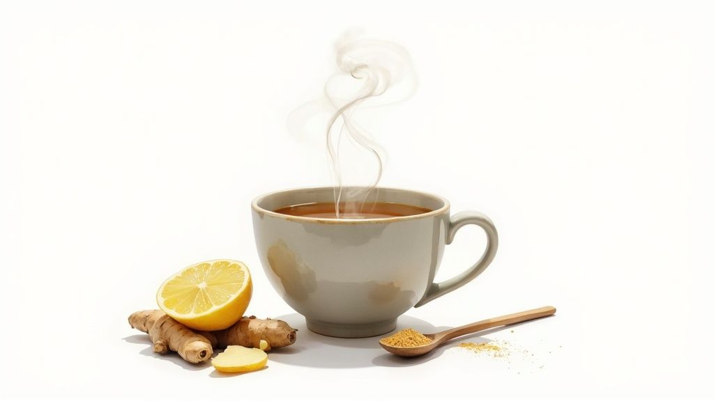 Steaming cup of ginger lemon tea with fresh ginger roots, a lemon half, and ground spice.