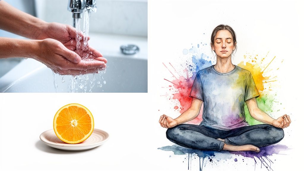 A collage featuring hands washing, a sliced orange, and a person meditating, symbolizing self-care practices.