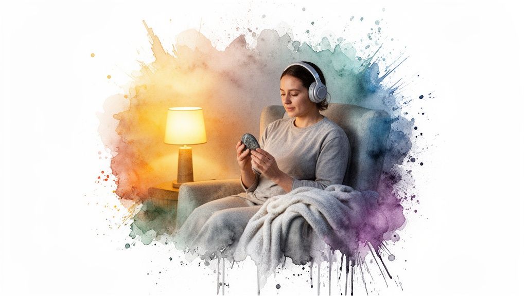 A person with headphones sits calmly in an armchair, holding a stone, surrounded by colorful watercolor splashes.