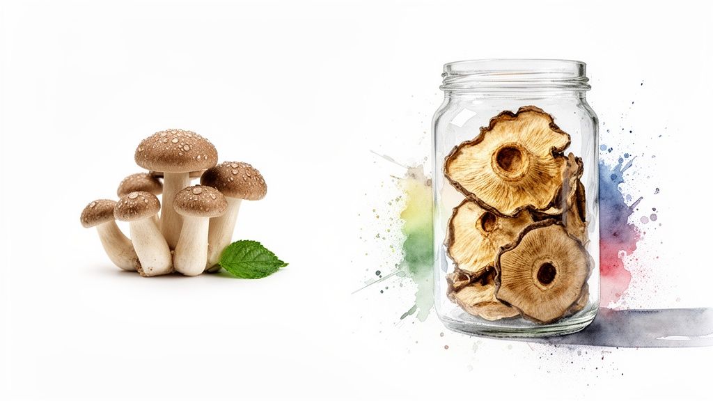 Fresh brown mushrooms with water droplets alongside a glass jar containing dried fruit slices.