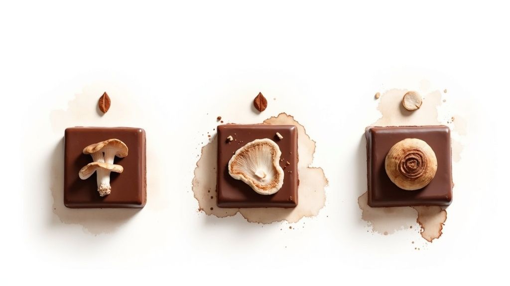 Three gourmet mushroom chocolates on a white background, each with a unique natural topping.