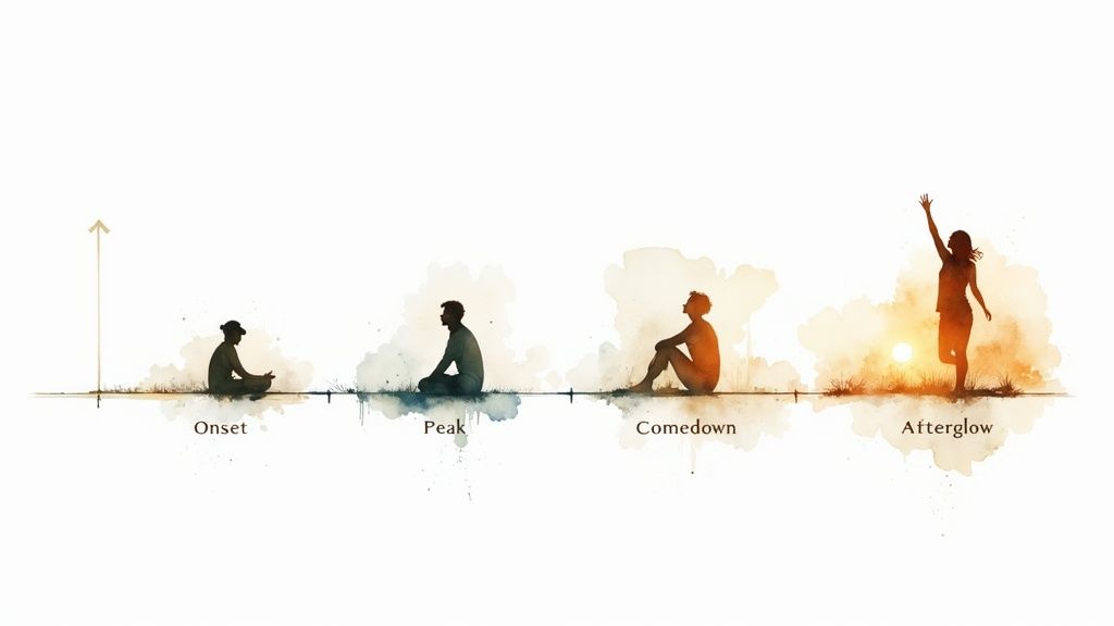 A watercolor illustration depicts four phases of a psychedelic experience: onset, peak, comedown, afterglow.