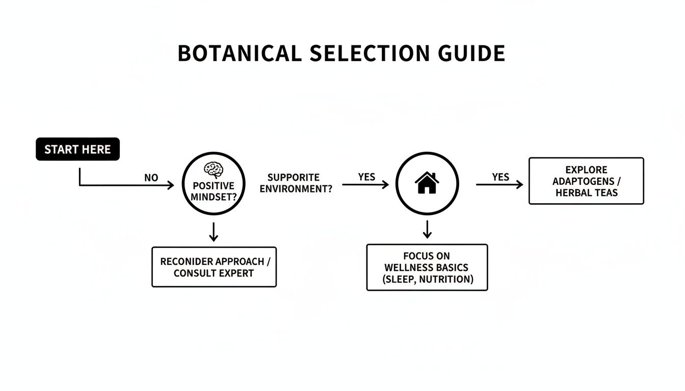 Flowchart outlining a botanical selection guide based on mindset, environment, and wellness basics.
