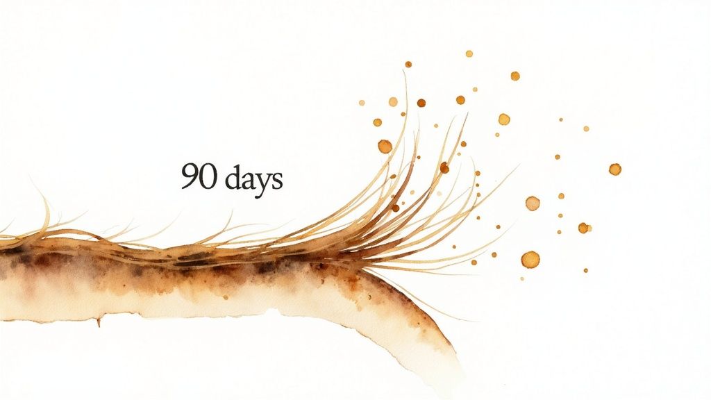 Watercolor illustration showing root-like forms, scattered orange dots, and the text '90 days'.