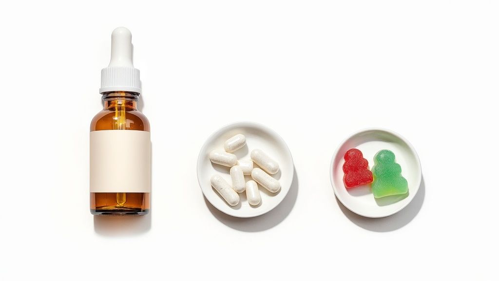 A dropper bottle, white capsules in a bowl, and red and green gummies on a white background.
