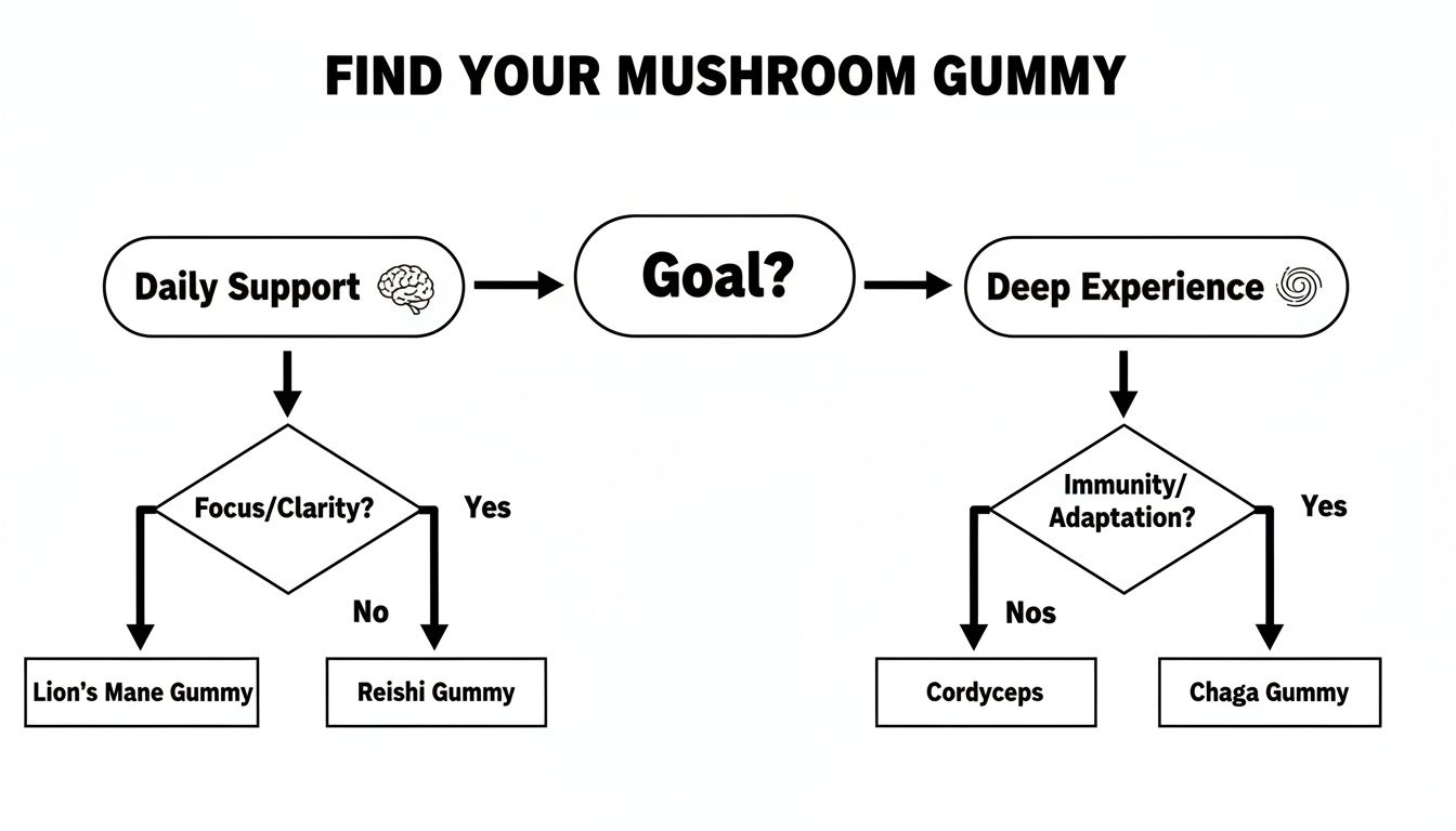 Flowchart guiding selection of mushroom gummies for daily support or deep experience benefits.
