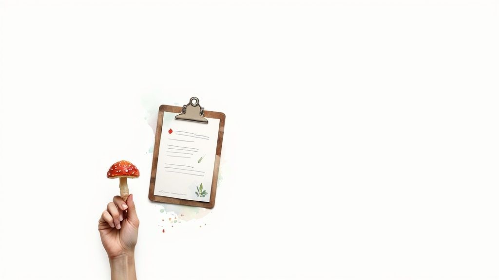 A hand holds a red mushroom next to a clipboard with notes and botanical drawings on a white background.