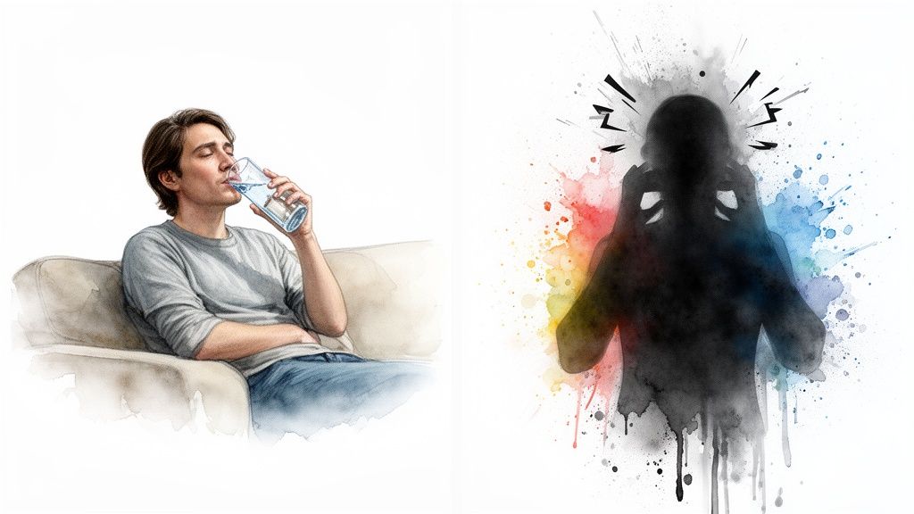 Watercolor illustration showing a man calmly drinking water next to a distressed, shadowy figure with colorful splatters.
